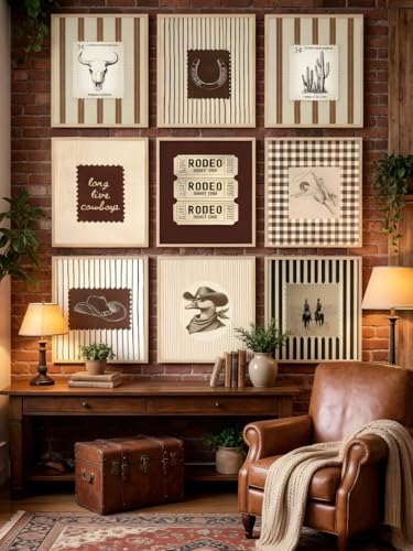Vintage Western Posters Wall Art Set of 9 Retro Striped Cowboy Rodeo Stamp - color: west