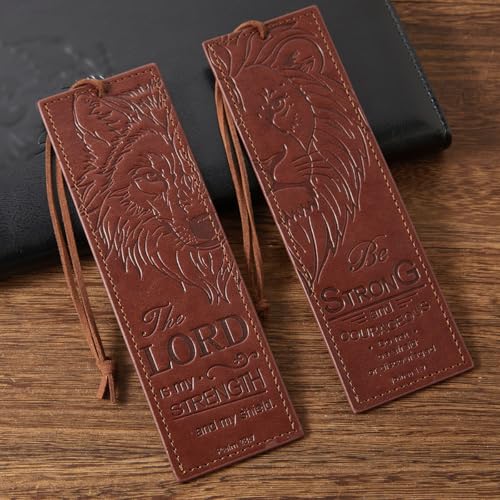 2 Pcs Wolf Lion Leather Bible Bookmark, Christian Bookmarks Gifts for Men Book Marks for Reading Men (Brown) - style: Brown