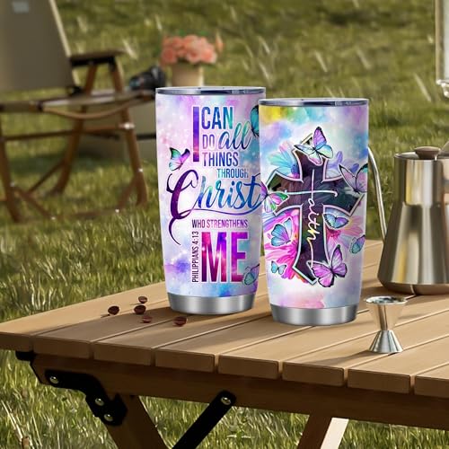 ATHAND Christian Gifts for Women,Philippians 4:13 Bible Verse Christian Faith Cross,20 oz Stainless Steel Tumblers with Lid,Coffee Mugs.Religious Baptism Classical Faith Bible Verse Quote Prayer