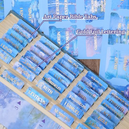 Bible Tabs, 105 Pcs Blue Water Lilies Monet Inspired Gold Foil Index Tabs - style: Gold Foil Water Lily Blue