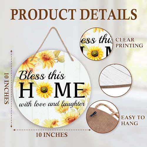 Door Signs For Home, Sunflower Wooden Door Sign Decor, Bless This Home Spring Summer Christian Sign For Round Front Door, Farmhouse Porch For Home Decor -13, Rustic - style: Modern