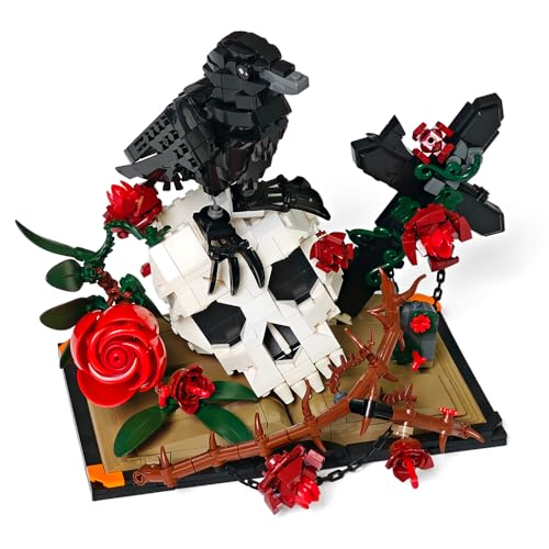 Gothic Raven Skull Rose Building Set - 998pcs Skull Decor with Flowers & Cross, Valentine‘s Day Decor for Adults, Men, Women, Home Office Table Centerpiece, Easter Basket Stuffer