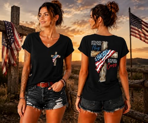 Christian Shirts for Men Women Stand for The Flag Kneel for The Cross Shirt - color: Black-1, size: Small