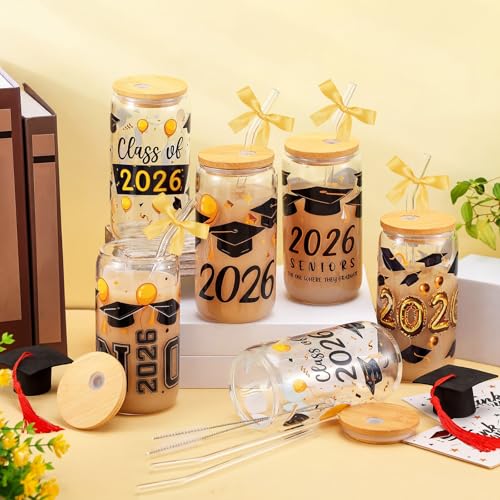SiliFine 6 Pcs Graduation Glass Cups, 16 oz with Lids and Straws - style: Graduation