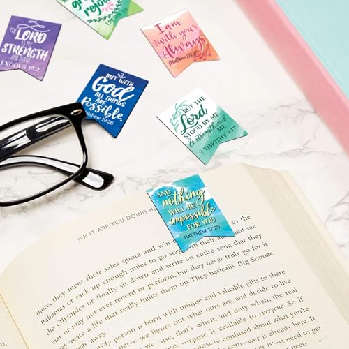 Faithful Finds Christian Magnetic Bookmarks Bulk 72-Pack - 1 x 1 in, Multi-Colored Polypropylene - 12 Watercolor Verse Designs & Magnetic Bible Verse Markers for Bible Study Supplies
