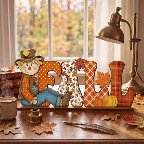 Yousoontic Fall Scarecrow Table Decorations Wooden Autumn Table Centerpieces Farmhouse Pumkin Maple Leaves Tabletop for Home Harvest Thanksgiving Kitchen Office(Fall) - style: Fall