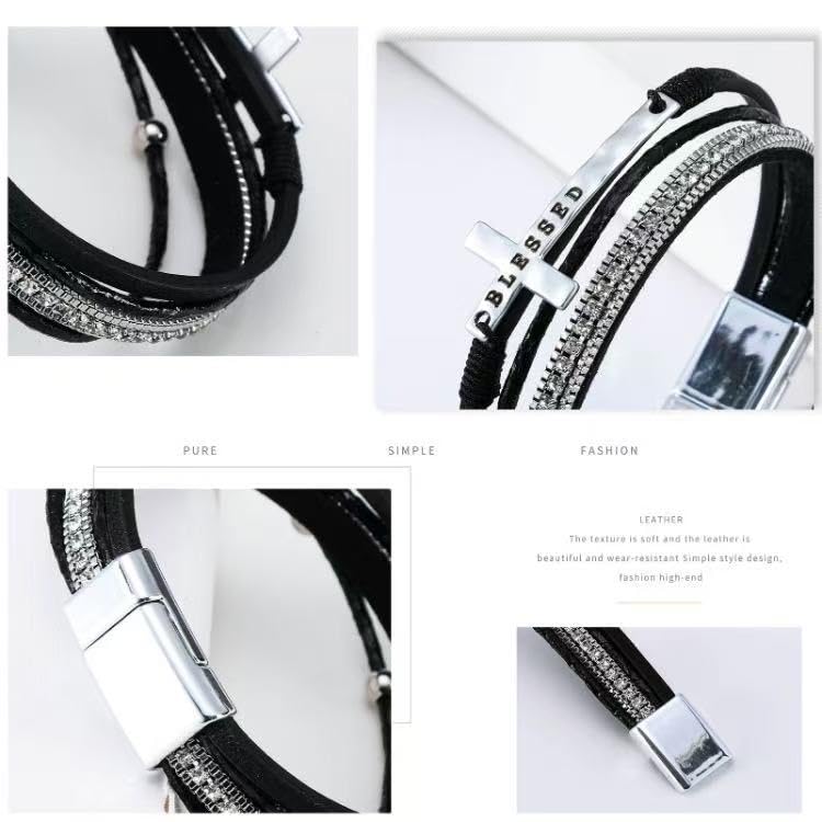 LINGYUAN Cross Bracelet for Women, Leather Religious Christian Jewelry - color: Black