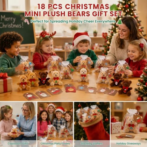 Poen 18 Set Christmas Mini Plush Bears Gift 4" Brown Stuffed Animals - color: Brown, style: Christmas
