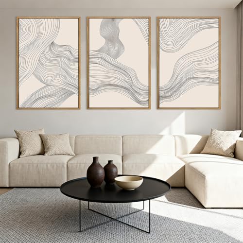 Large Beige Abstract Wall Art Framed Neutral Modern Canvas Wall Decor Minimalist Line Wave Painting 24x36 Inch Pictures Set of 3 for Living Room Bedroom Dining Room - color: Beige Line, size: 36"L x 24"W
