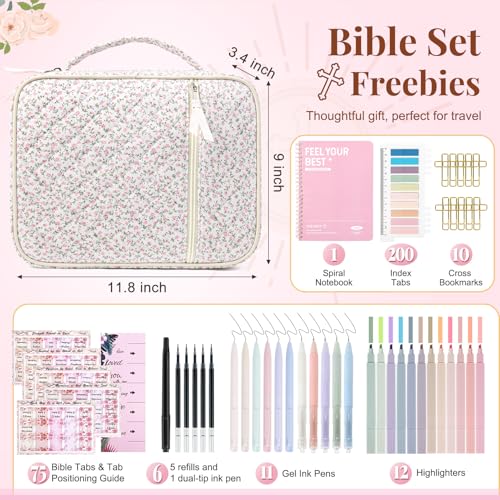 Bible Cover for Women Bible Case Large Bag Study Supplies Journaling Kit Book Carrying Case with Highlighters Christian Gifts for Women - color: Pink Little Flora Jumbo Pack, size: Upgraded Set