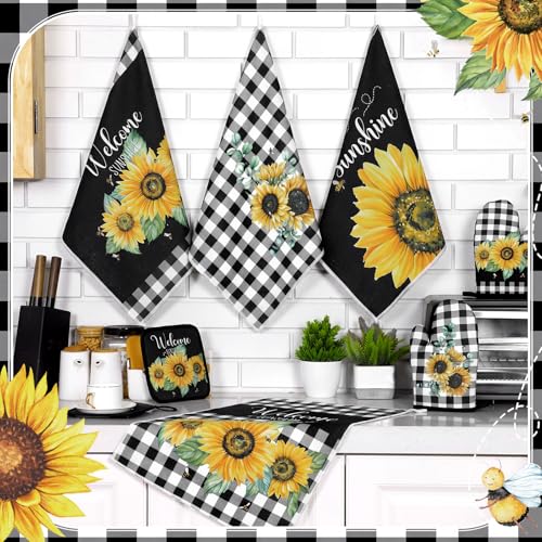 Leinuosen 8 Pcs Sunflower Plaid Kitchen Towels Dishcloths Accessories Set - color: Black White and Yellow, style: Sunflower