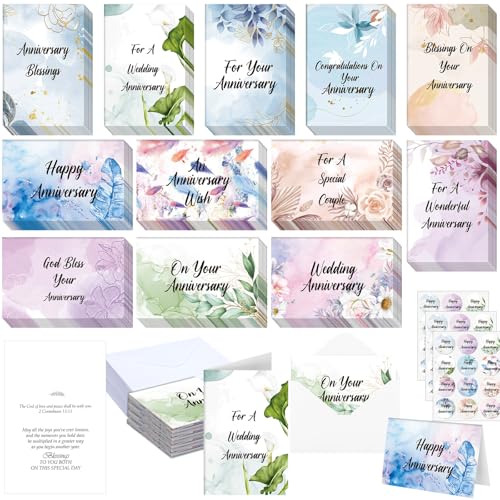 Motiskyy 48 Sets Religious Anniversary Cards Bulk for Wedding Couple Christian Happy Anniversary Cards with Envelopes and Stickers Bible Verse Scripture for Wife Celebrating Moment(Watercolor Flower) - style: Watercolor Flower