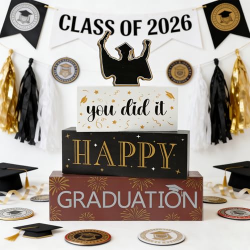 4 Pcs Class of 2026 Wooden Block Signs Senior 2026 Graduation Table Decorations Graduation Tiered Tray Decorations Graduation Centerpieces for Tables Congrats Grad Tabletop for Home Decor - style: Graduation