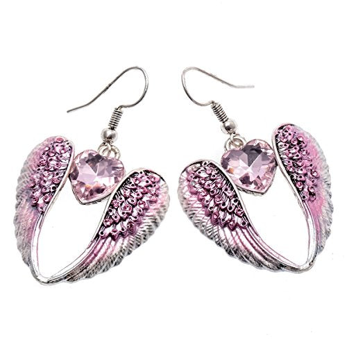 Szxc Women's Crystal Guardian Angel Wings Hypoallergenic Dangle Earrings Biker Jewelry - 2 1/4 inch - color: Pink Heart