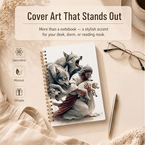 Jesus and Lamb Christian Spiral Notebook, Jesus Protecting Lamb from Wolves Journal, Christian Gifts for Women Men, Religious Hardcover Lined Notebook Journal, 5.5x8.3 Inch - color: pattern-4