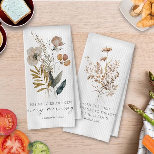 Christian Gifts Kitchen Towels Set - Bible Verse Decorative Waffle Dish Towels, Floral Hand Tea Towels, Christian Gifts for Women, 16×24 Inches Set of 2 - color: Christian- 08