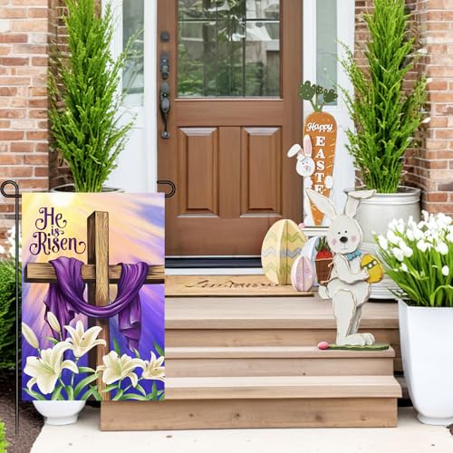 He is Risen Easter Christian Garden Flags 12x18 Double Sided Burlap, Religious Cross Spring Lily Flower Sign Small Flag Farmhouse Yard Outdoor Decoration DF701 - size: 12" X 18"