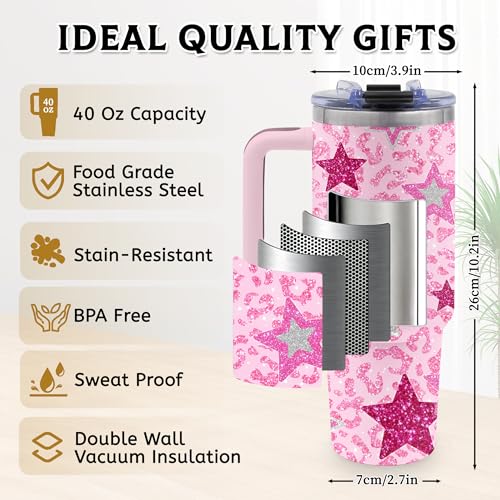 Pink Star 40oz Tumbler with Handle & Straw, Gifts for Women - color: Star-Pink