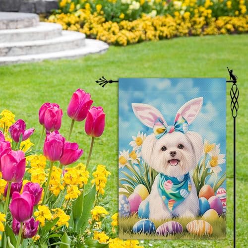 Happy Easter Garden Flag Cute Puppy Garden Flag Dog Bunny Ear Vertical Double Sided Rustic Farmland Burlap Yard Lawn Outdoor Decor 12.5x18" - color: Happy Easter #WQ317