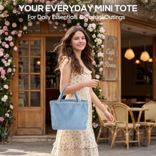 Sminra Small Bible Tote Bag for Women, Corduroy or Quilted Mini Tote Bag - color: Sky Blue