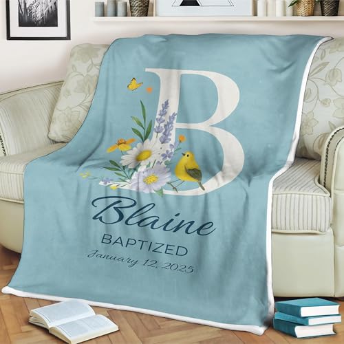 Baby Gifts for Newborn Boys Personalized, Personalized Baptism Blanket for Baby Girl Or Boy Custom Name, Date & Floral Initial Christening Gift from Godparents, Godson Blanket - color: #Ver1