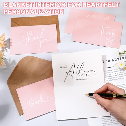 Teling 200 Set Thank You Cards with Envelopes Bulk, 6 x 4 Inch Blank Thank U Greeting Notes with Brown Kraft Envelopes Stickers Thankyou Card Set for Graduation Wedding Birthday Baby Shower(Pink) - color: Pink