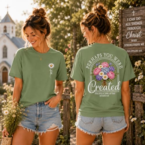 Christian Shirts for Women Floral Faith Bible Verse Graphic Tee Created for Such a Time as This T-Shirt - color: Green, size: XX-Large