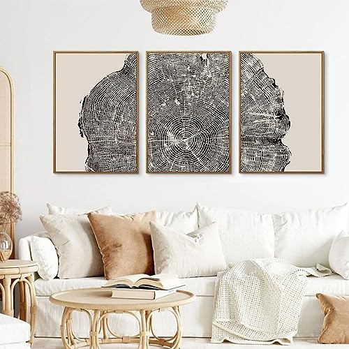 CHDITB Framed Tree Ring Wall Art Set of 3, 24"x36" Abstract Wood Stump Wall Decor, Large Black and White Wall Painting, Neutral Modern Nature Canvas Art Prints for Living Room, Bedroom, Farmhouse - color: Black Tree Ring, size: 24"L x 36"W