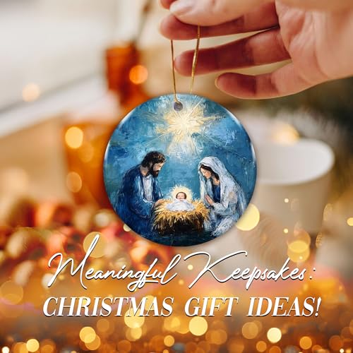 Holy Family Nativity Ornament – Ceramic Christmas Tree Decoration – Religious Christian Ornament Keepsake – Inspirational Xmas Holiday Décor Gift for Family Friends Teachers Church Members