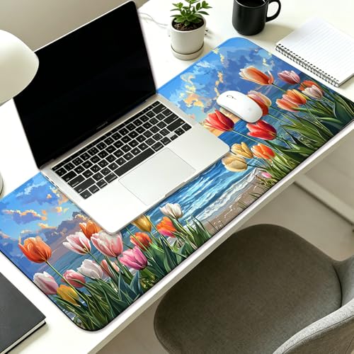 Tulips with Ocean Waves Gaming Desk Mat, Extended Mouse Pad, XL - color: H02