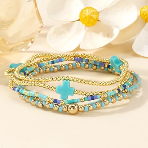 Gold Beaded Bracelets Stack for Women Stackable 14K Gold Plated Beads Ball Cross Bracelet Boho Christian Jewelry Faith Friendship Birthday Gifts for Women - color: Blue