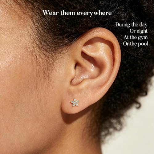 Small Moissanite Stud Earrings for Women, Stainless Steel Screw-Back Plated in 18K Yellow Gold D VSS 1, Jewelry Gifts, 2 x 3mm stones and 0.1-0.72ct/pair - color: Gold Flower 2