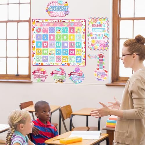 Cholemy 85 Pcs Calendar Bulletin Board Set Classroom Calendar Bulletin Board with Numbers Month Weather Classroom Decorations for Back to School Wall Chalkboard Decor Supplies(Candyland) - style: Candyland