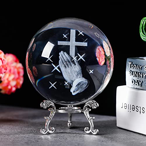 Ornalrist 3D Crystal Ball Engraved Praying in Hand with a Cross Religious Gifts for Women, Glass Sphere with Silver Base Home Decor Figurine Paperweight Christian Gifts for Friends - color: Prayer Cross