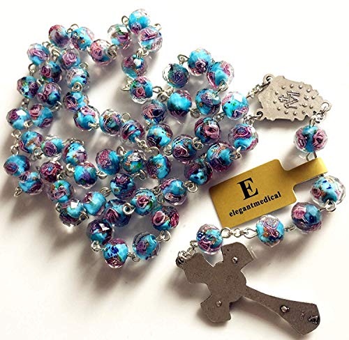 elegantmedical HANDMADE Bule Veluriyam Beads Rosary Necklace Crucifix Cross Catholic Gift
