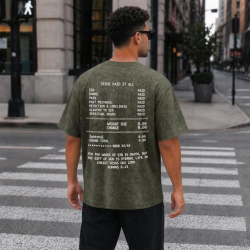 Christian Faith God Shirts for Men Jesus Bible Verse Acid Wash Shirt Oversized Religious Tshirts Vintage Graphic Tees - color: Army Green, size: X-Large