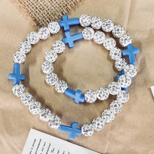Baseball Bead Cross Necklace for Boys Kids, Elastic Rhinestone Bling Necklace Drip Gifts for Teens Players - color: Blue Cross/White