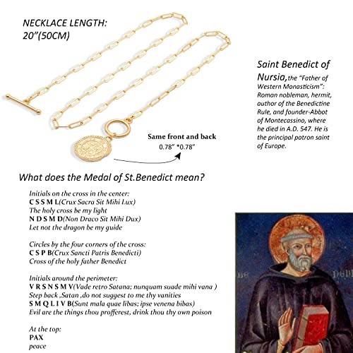 SOFYBJA Saint Benedict Necklace Drop 18K Gold Toggle Medallion Coin Cross Pendant Necklaces Religious Jewelry Catholic Gift for Women - color: St Benedict Medal