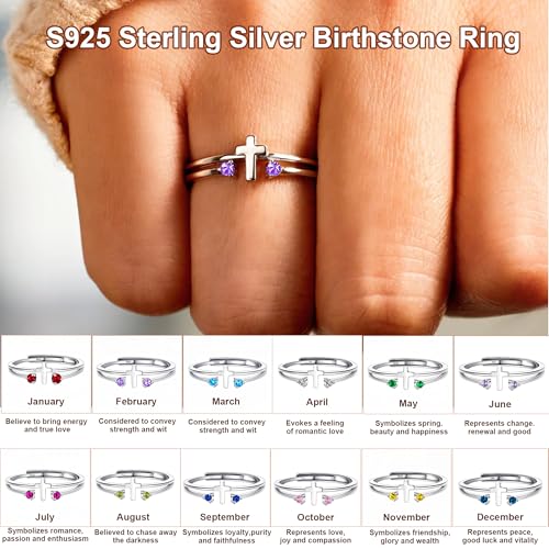 S925 Sterling Silver Cross Rings Birthstone Rings Christian Jewelry for Women Daughter, Easter Gifts, Confirmation and Baptism Gifts - color: 2-Feb