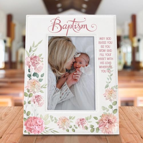 KATE POSH Baptism Picture Frame for Girl, Pink Flowers Decor, Christening, Religisous Gift, From Godparents, New Baby (4x6-Vertical) - size: 4x6-Vertical