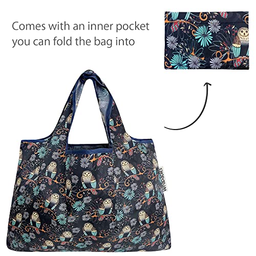 allydrew Large Foldable Tote Nylon Reusable Grocery Bags - color: Set of 2, Deco Owls, size: Large & Small (Set of 2)