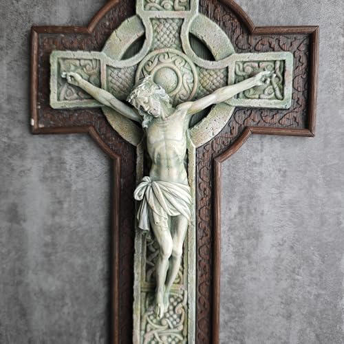 BC Catholic 12”H Crucifix Wall Cross, Celtic Cross for Indoor Garden, Catholic Gifts, Religious Home Decor,Wood Stone Carve Looking, Hand Painted by Buildclassic