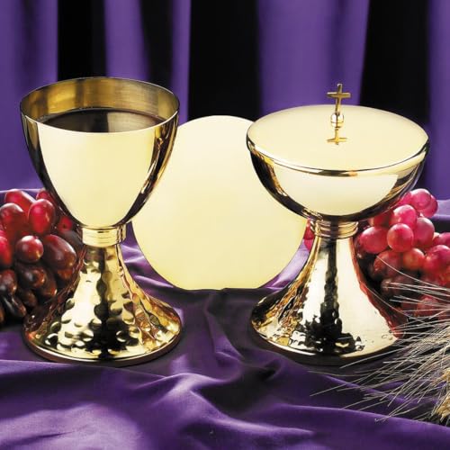 Church Gold Plated Brass Chalice & Paten, 14 Ounce, Hammered Base - color: Hammered Base
