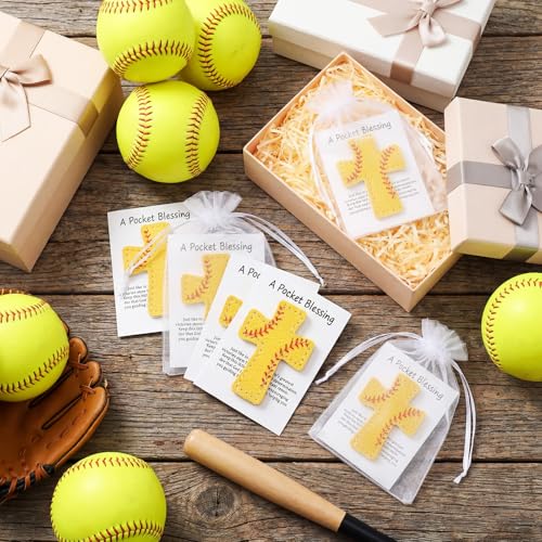 Hollowfly 12 Set Softball a Pocket Blessing with Gift Cards and Organza Bags Cross Pockets Blessing Softball Encouragement Gifts Christian Keepsake for Athletes Players Sports Lovers Team - style: Softball Cross