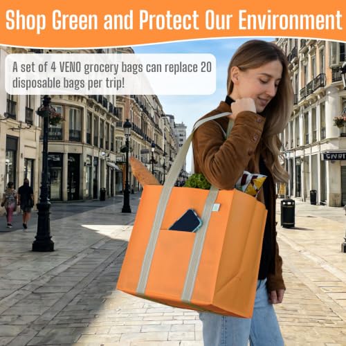 VENO 4 Pack Large Autumn Reusable Grocery Shopping Bags with Hard Bottom - color: Seasonal Autumn Orange