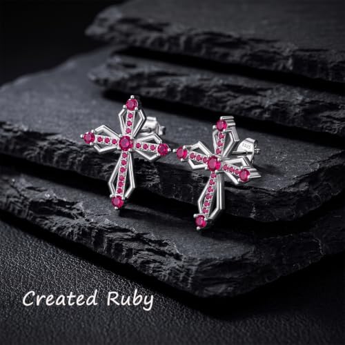 Sterling Silver Dainty Cross Earrings For Women, Christian Religious Faith Cubic Zirconia Stud Earrings - color: ruby