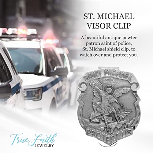 True Faith Jewelry Pewter Shield St Michael Car Visor Clip, Archangel Patron Saint Gifts for Men and Women, Fine Pewter (92% Tin), 1-3/8 x 1-1/2 Inch - size: St. Michael (Shield) 1