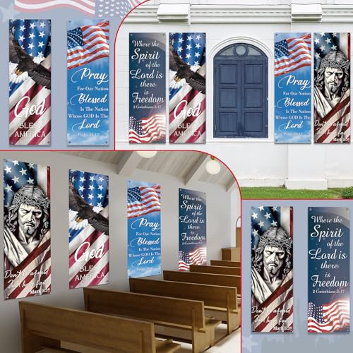 4Pcs Independence Day Church Banners for Sanctuary Wall 250 Anniversary USA 4th of July Religious Hanging Backdrop Church Banner with Scripture Worship Bible Verses for Patriotic Holiday Decor - style: Independence Day