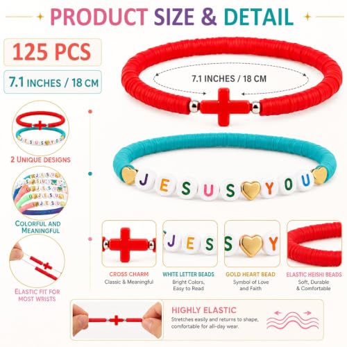 50/125Pcs Jesus Loves You Bracelets Bulk Set Cross Bracelets Polymer Clay Bead Religious Wristbands Colorful Religious Inspirational Bracelet Christian Friendship Jewelry for Church Birthday Gifts