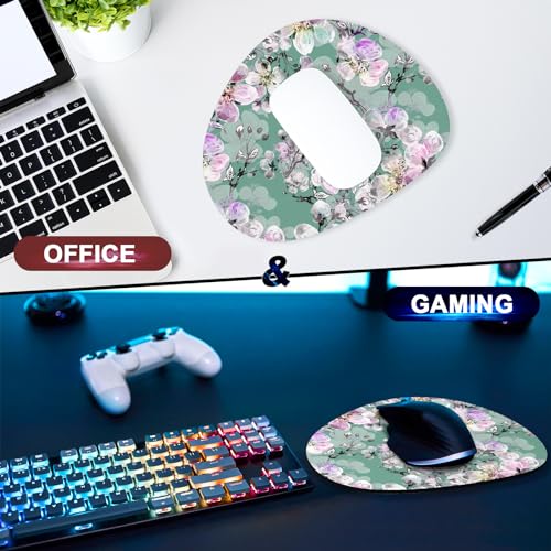 Mouse Pad, Premium-Textured Oval Computer Pad, 8.7" x 7.1" Thick 3 mm Anti-Slip Waterproof Rubber Cute Mouse Mat for Office, Home, Gaming, Laptop, PC, Green Pink Peach Blossom - color: Green Pink Peach Blossom